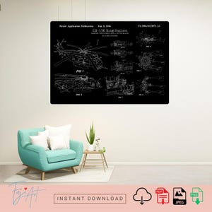May include: A black and white patent diagram of a CH-53K King Stallion helicopter, featuring detailed illustrations of its parts. The diagram includes the text "Patent Application Publication" and "Jun. 8, 2006".