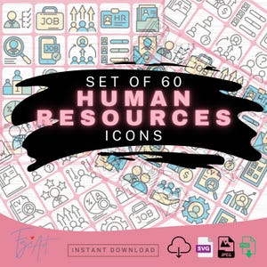Puede incluir: Un gráfico de descarga digital con un conjunto de 60 iconos de recursos humanos. Los iconos son de una variedad de colores y estilos, incluyendo búsqueda de empleo, RRHH e iconos de CV. El texto "SET OF 60 HUMAN RESOURCES ICONS" se muestra en una pancarta negra.