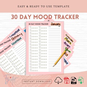 Dagelijkse stemmingstracker afdrukbaar 12 maanden, planner geestelijke gezondheid, stemmingsdagboek, emotietracker, stemmingsgrafiek, wellnessplanner, ADHD-dagboek