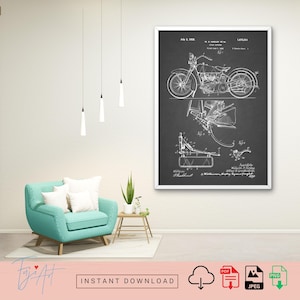 Plano de inventos de Harley-Davidson, póster de transporte, arte mecánico, decoración de pared de garaje, póster de planos, regalo de motocicleta, arte imprimible