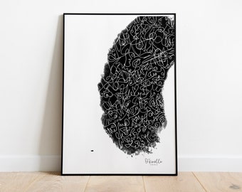 May include: Black and white abstract art print with a white ink design on a black background. The print is framed in a black frame and has the artist's signature "O'Kaella" in the bottom right corner.