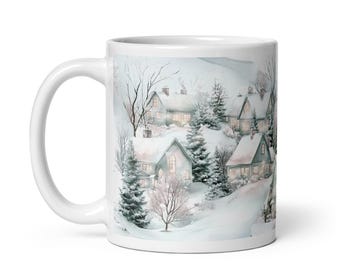 Winter Christmas Village Mug | Festive Holiday Mug | Snowy Christmas Scene with Cottages, Trees & Paths | Christmas Gift