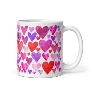 Valentine&#39;s Pink and Red Heart Mug, Valentines Day Coffee Mug, Pink Hearts Coffee Mug, Valentines Kitchen, Gift for Her