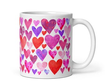 Valentine's Pink and Red Heart Mug, Valentines Day Coffee Mug, Pink Hearts Coffee Mug, Valentines Kitchen, Gift for Her