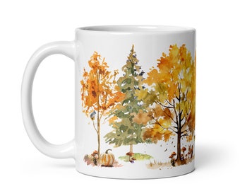 Fall Woodland Coffee Mug - Autumn Forest Ceramic Cup - Enchanting Seasonal Decor - Gift for Nature LoversWhite glossy mug