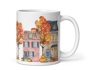 Suburban Street in Fall Coffee Mug - Autumn Scene Ceramic Cup - Cozy Seasonal Decor - Gift for Fall Lovers
