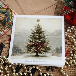 Carte des bénédictions de Noël d'Écosse Carte de Noël écossaise Oh arbre de Noël dans la neige Carte écossaise nostalgique de style victorien vintage