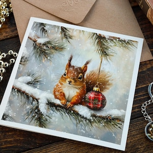 Écureuil roux écossais LUXE, carte de Noël beaux-arts Ecosse rurale enneigée petits caractères pin sylvestre tartan amoureux Noël carte de voeux hiver