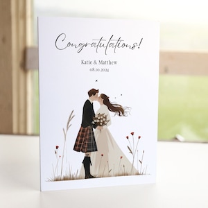 Carte de mariage personnalisée écossaise félicitations sur le thème du kilt à carreaux tartan mariage écossais pour les mariés, couple heureux