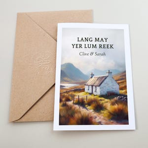 Carte de pendaison de crémaillère écossaise Lang May Yer Lum Reek nouvelle maison personnalisée Félicitations pour votre nouvelle maison Carte gaélique en dicton écossais traditionnel