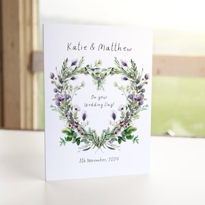 Le jour de votre mariage, carte personnalisée en forme de cœur de chardon, mariage sur le thème de l'Écosse, grand jour mariage écossais, félicitations pour votre grand jour