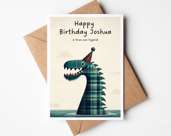 Happy Birthday Wee Legend Personalised Scottish themed Childs Birthday card Tartan Nessie little Monster from Loch Ness Scotland Custom Card
