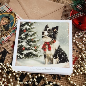 Carte de Noël Tartan Tidings from Scotland Border Collie, cadeau pour amoureux des chiens, carte de vœux traditionnelle écossaise vintage nostalgique de style victorien