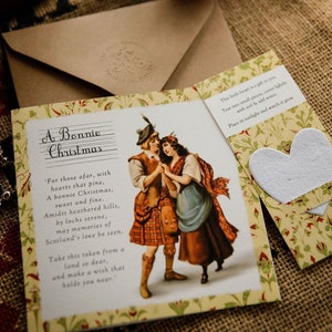 Une carte de Noël écossaise de luxe de Noël de Bonnie avec des graines à planter, un coeur vintage, une carte de Noël romantique pour ma femme, un mari pour mon amour