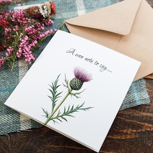 Un petit mot pour dire une carte de remerciement florale, une carte de correspondance vierge, une amitié chardon écossais, une carte de voeux celtique inspirée de la nature, une carte d'art rustique