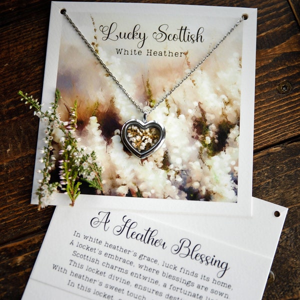 Lucky White Heather Glass Locket Scottish Good Luck Gift Heather Blessing Wedding gift for the Bride Custom Personalised floral gift for her