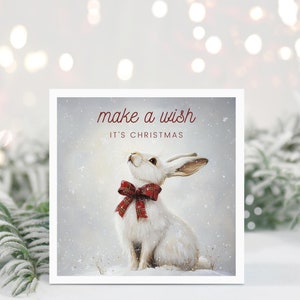 Make a wish it's christmas Weihnachtskarte Schottischer weißer Schneehase Schneemann Nostalgische Vintage viktorianischer Stil Tartan Schottenkarte