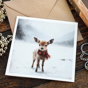 Carte de Noël beaux-arts festif fauve LUXE Ecosse rurale Ecosse enneigée en petits caractères amitié bébé cerf premier Noël carte de voeux