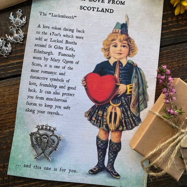 Scottish Love Token 'Luckenbooth' Art Card with token pin brooch Scottish Souvenir Gift Good Luck Friendship Wedding Valentines Gift A5 Card