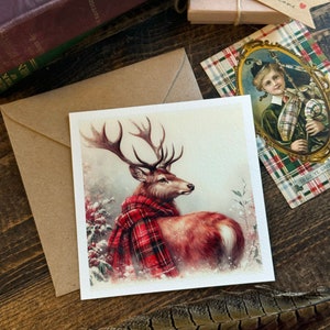Carte de voeux de luxe cerf écossais FINE ART vintage inspiré carte de Noël cadeau cerf écossais tartan à carreaux carte cerf des Highlands cadeau écossais