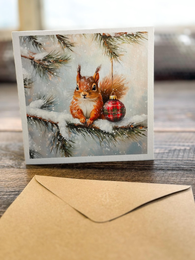 Pode incluir: Um esquilo vermelho est&aacute; sentado em um galho de pinheiro coberto de neve. O esquilo est&aacute; olhando para o espectador. Um enfeite de Natal vermelho e verde xadrez est&aacute; pendurado em um galho acima do esquilo.