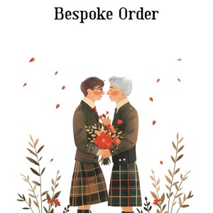 COMMANDE PERSONNALISÉE Carte de mariage écossaise personnalisée pour lui et lui Groom and Groom Kilt Plaid Tartan sur le thème Lui et lui LGBTQ+ Couple heureux