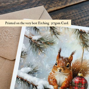 Red Squirrel Scottish Christmas Card LUXURY Fine Art Etching Scotland Snowy Small Print Scots Pine Tartan Lovers Xmas Greetings Winter scene imagem 3