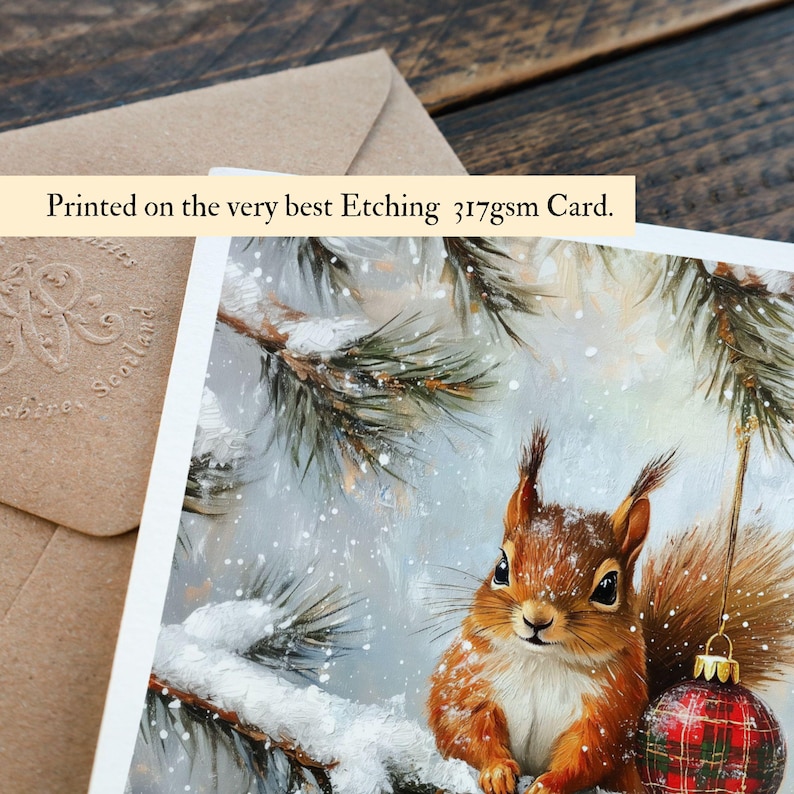 Red Squirrel Scottish Christmas Card LUXURY Fine Art Etching Scotland Snowy Small Print Scots Pine Tartan Lovers Xmas Greetings Winter scene imagem 3