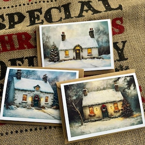 Collezione di cartoline Scottish Cottage, cartoline di Natale scozzesi, nostalgiche, in stile vittoriano, Cottage Core Dark Academia, set di 3 cartoline natalizie