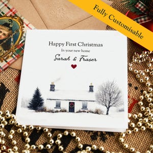 Carte de Noël Premier Noël dans votre nouvelle maison Carte de Noël personnalisée pendaison de crémaillère sur le thème écossais Highland Cottage Core Scotland