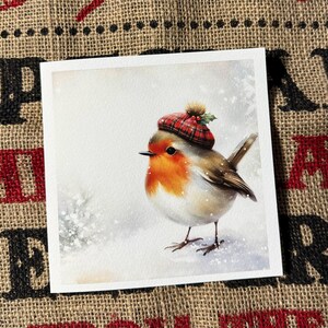 Carte de Noël LUXE d'écossaise Ecosse rurale enneigée en petits caractères Robin oiseau tartan amoureux Noël carte de voeux beaux-arts Robin dans la neige