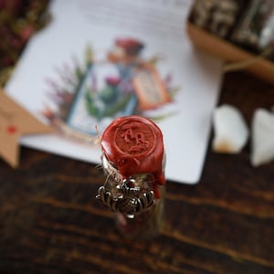Puede incluir: Una peque&ntilde;a botella de vidrio con un sello de cera roja y un amuleto de plata. El sello de cera tiene un dise&ntilde;o de una letra 'R' estilizada.