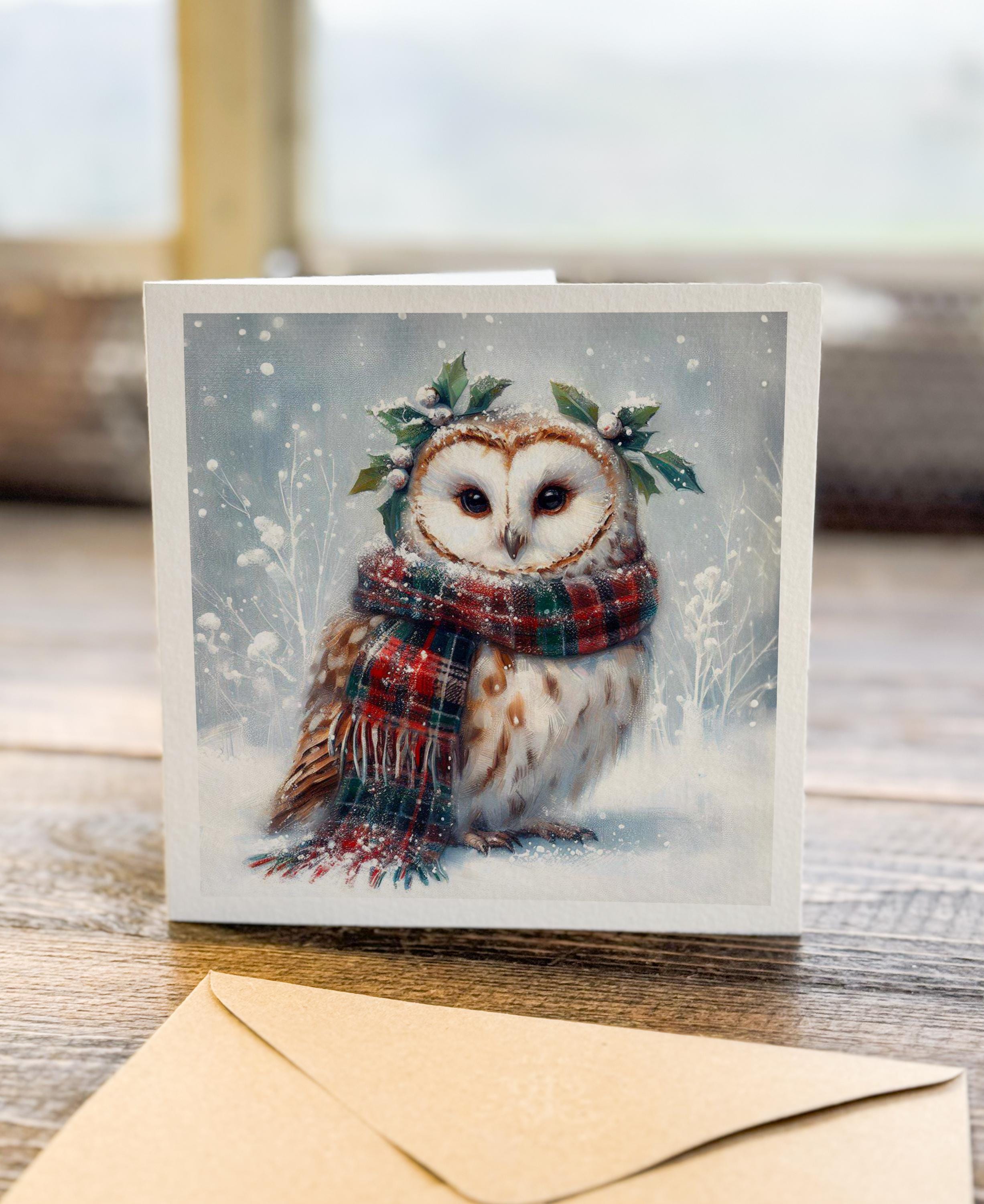 Scottish Christmas Owl Tartan Scarf LUXURY Fine Art Etching Greeting Card Scotland Winter Owl Small 