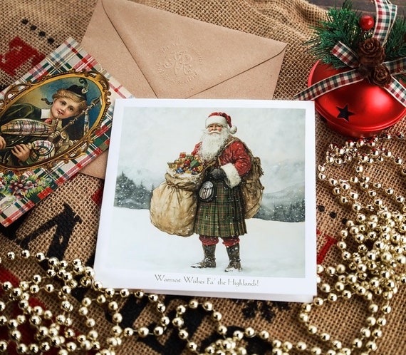 Kilted Santa Wishes from Scotland Christmas Card Father Christmas Nostalgic Vintage Victorian Style Scottish Traditional Holiday Card