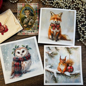 Lot de 3 cartes de Noël écossaises de luxe, la chouette, le renard et l'écureuil, animaux mignons, style tartan, carte de Noël beaux-arts Écosse, cadeau multi-achats