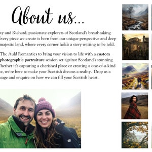Pode incluir: Imagem com o texto "About us..." e um casal sorridente, juntamente com fotos panor&acirc;micas da Esc&oacute;cia. O texto detalha a paix&atilde;o dos criadores pela Esc&oacute;cia e oferece obras de arte personalizadas e sess&otilde;es de retrato.