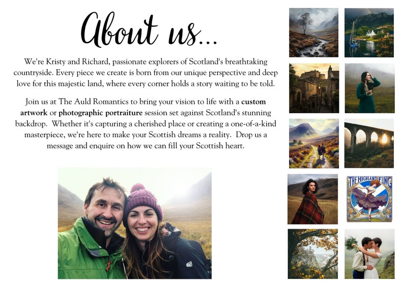 Pode incluir: Imagem com o texto "About us..." e um casal sorridente, juntamente com fotos panor&acirc;micas da Esc&oacute;cia. O texto detalha a paix&atilde;o dos criadores pela Esc&oacute;cia e oferece obras de arte personalizadas e sess&otilde;es de retrato.