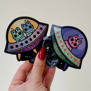 UFO Space Cats Glitter Stickers Alien ET Neko Kawaii Art Cute Anime Cartoon Manga Sci-Fi Spaceship Sparkle Holographic Holo Handmade Art