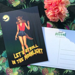 The Wolf Woman &quot;Let&#39;s Stroll in the Moonlight&quot; Werewolf Postcard A6 Watercolor Monster Pinup Horror Movie Retro Anniversary Valentines Day