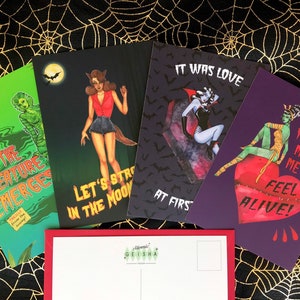 Monster Mash 4 Pack Postcards A6 Watercolor Retro Pinup Girls Classic Monsters Horror Movie Valentine&#39;s Day Anniversary Card Psychobilly