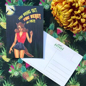 The Wolf Woman &quot;You Bring Out the BEAST in Me&quot; Postcard A6 Watercolor Monster Pinup Werewolf Horror Movie Retro Anniversary Valentines Day