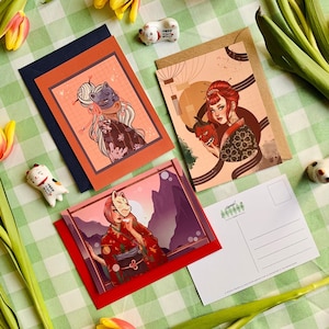Lot de 3 cartes postales masque japonais filles A6 Kitsune Fox Oni Anime Manga Japon Nihon esthétique montagnes Kimono floral Hime princesse Art coffret cadeau