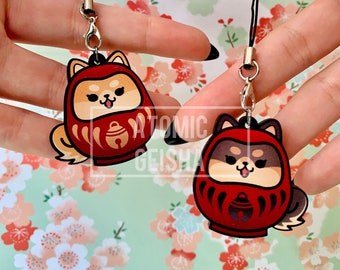 Shiba Inu Daruma Wooden Phone Charm Lucky Dog Kawaii Art Japan Nihon Anime Manga Cartoon Accessoire Cute Jewelry Gift Handmade Wood