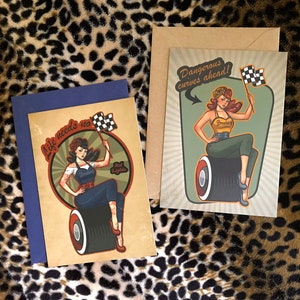 50s Vintage Racers Pinup Girls Postcard A6 Speedway Rockabilly Retro Hotrod Garage Classic Cars Roadrunner Tattoo Subculture Drag Racing image 1