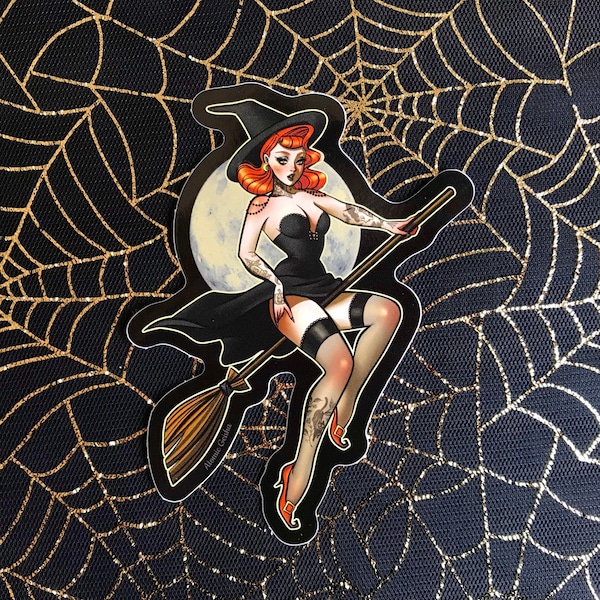 Moon Witch Vinyl Sticker Halloween 50s Tattooed Pinup Girl Redhead Witchcraft Spooky Wicca Broom Cat Vintage Retro Illustration Art Gift
