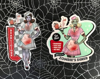 50s Diner Zombie Girl Vinyl Stickers Pinup Psychobilly Rockabilly Retro Vintage Waitress Funny Halloween Brains Housewarming Gift Set Art