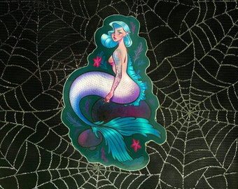 Tattooed Mermaid Vinyl Sticker 50s Pinup Girl Starfish Shimmer Fantasy Maritim Sea Ocean Coastal Underwater Blue Illustration Art Gift Gloss