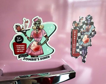 50s Diner Zombie Girl Fridge Magnet Retro Vintage Pinup Waitress Brains Kitchen Blood Funny Housewarming Halloween Gift Refrigerator Horror