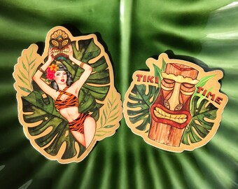 2 PACK Tiki Time Vinyl Stickers 50s Pinup Girl Watercolor Art Polynesian Hawaii Aloha Monstera Palm Tropical Botanical Decal Rockabilly