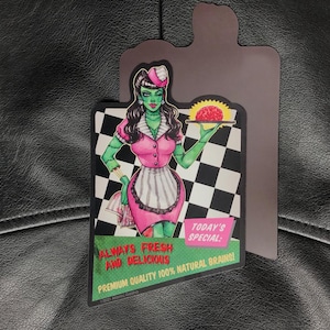 50s Diner Zombie Girl Fridge Magnet Watercolor Illustration Brains Retro Vintage Waitress Brains Funny Housewarming Halloween Gift Spooky image 1